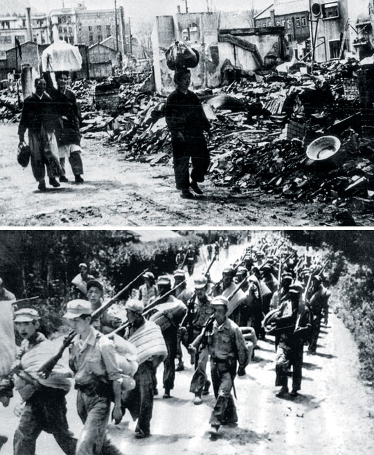 
	6·25 전쟁으로 폐허가 된 서울 명동 거리(위)를 걷고있는 피란민과 전쟁 발발 직후인 1950년 7월 소총으로 무장하고 남하하는 북한 인민군.
