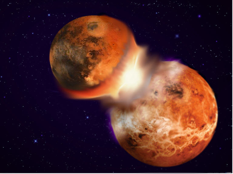 
 45억년 전 원시지구에 화성 크기의 행성 '테이아'가 충돌하는 상상도.
/네이처
