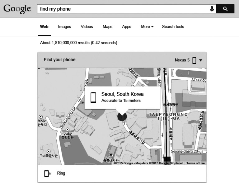 
	PC에서 구글 검색창에 'find my phone(내 폰 찾기)'을 입력하면 내 스마트폰이 있는 위치가 지도와 함께 나타난다. /구글 화면 캡처
