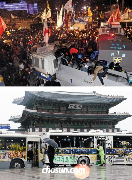 
		경찰 트럭 위로 올라가는 시위대… 낙서로 얼룩진 경찰버스 - 18일 밤 서울 도심의 세월호 시위 참가자들이 경찰 저지선을 돌파하기 위해 경찰 트럭 등을 넘어가고 있다(사진 위). 밤 사이 시위대가 스프레이 페인트로 온갖 낙서를 하며 훼손한 경찰 버스들을 19일 오전 한 시민이 지켜보고 있다(사진 아래). /이진한·박상훈 기자
