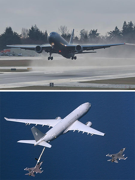 미 시애틀 보잉공장에서 시험비행중인 보잉의 차세대 공중급유기 KC-46A(위), KC-46A와 2파전을 벌이고 있는 유럽 에어버스사의 A330 MRTT.