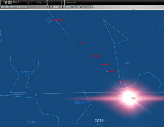 천문 소프트웨어로 확인한 오성취루. BC 1734년 7월 13일 저녁 8시 서쪽 하늘의 모습이다.
