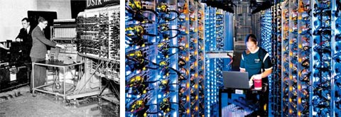 2차 세계대전 중 앨런 튜링은 자신이 개발한 자동 계산기 ‘봄베(bombe·사진 왼쪽)’로 독일군의 암호를 해독해 연합군의 승리에 결정적인 기여를 했다. 컴퓨터의 원형(原形)인 이 기계가 나온 이후 튜링의 이름을 딴 튜링상 수상자들이 컴퓨터 발전을 주도했다. 구글 데이터센터(사진 오른쪽)가 빅데이터 기술을 활용할 수 있는 것도 튜링상 수상자인 마이클 스톤브레이커 MIT 교수가 개발한 데이터베이스 기술 덕분이다.