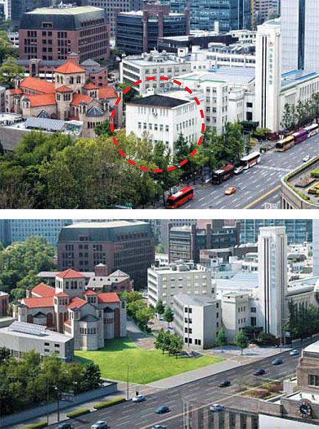 78년 만에 철거될 예정인 옛 국세청 남대문 별관이 덕수궁과 서울시의회 건물 사이에 서 있다(왼쪽 빨간 점선). 오른쪽 그림은 이 건물을 허물고 잔디 광장으로 조성한 모습을 상상해 그린 조감도다. 이 건물에 가려져 보이지 않던 대한성공회 서울대성당 건물이 세종대로를 지나는 차 안에서도 보이게 된다.