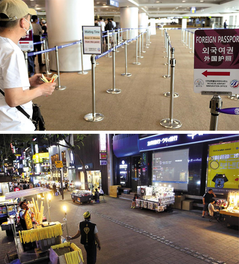 한산한 입국장… 썰렁한 명동 거리 - 메르스 여파로 한국을 찾는 외국인 발길이 뜸해졌다. 17일 오후 인천국제공항 입국심사대 앞(위 사진)은 한산했고, 외국인 관광객으로 붐비던 서울 명동 거리(아래 사진)도 사람이 눈에 띄게 줄었다. 한국관광공사에 따르면 이달 17일까지 메르스를 이유로 한국 여행을 취소한 외국인 관광객 수는 11만7810명에 이른다.