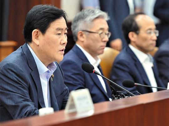 
	 최경환(왼쪽) 경제부총리가 17일 오전 서울 종로구 정부서울청사에서 열린 제12차 경제관계장관회의를 주재하고 있다. 최 부총리는 이날 메르스 피해 업종과 피해지역 소상공인에 대한 맞춤형 지원을 시작한다고 밝혔다.
