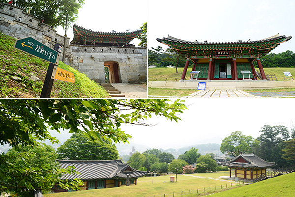 고려시대에 만들어진 강화산성(왼쪽 위)와 고려궁지(아래)는 조선시대에 외규장각(오른쪽 위) 등 강화유수부 건물이 세워졌다.