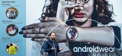 지난 5월 미국 샌프란시스코에서 열린 ‘구글 연례 개발자 콘퍼런스(Google IO)’에서 데이비드 싱글턴(Singleton) 구글 안드로이드 웨어 총괄이사가 개발자들을 대상으로 프로그램 기능을 설명하고 있다. 구글 안드로이드 웨어는 스마트워치용 운영체제(OS)로, 전자 결제부터 드라마 시청까지 다양한 기능을 갖췄다.