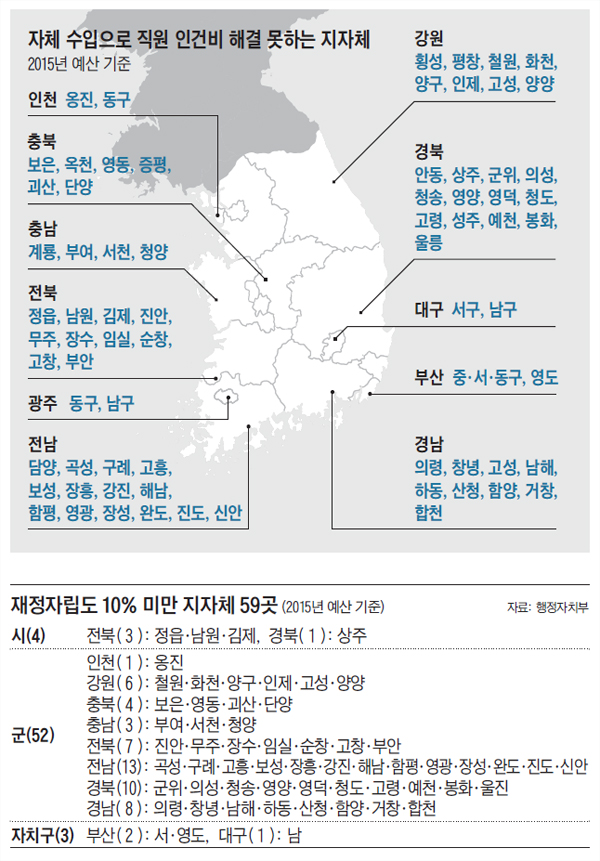 자체 수입으로 직원 인건비 해결 못하는 지자체 정리 그래픽