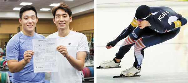 통일나눔펀드에 가입한 모태범(왼쪽)과 이승훈 사진