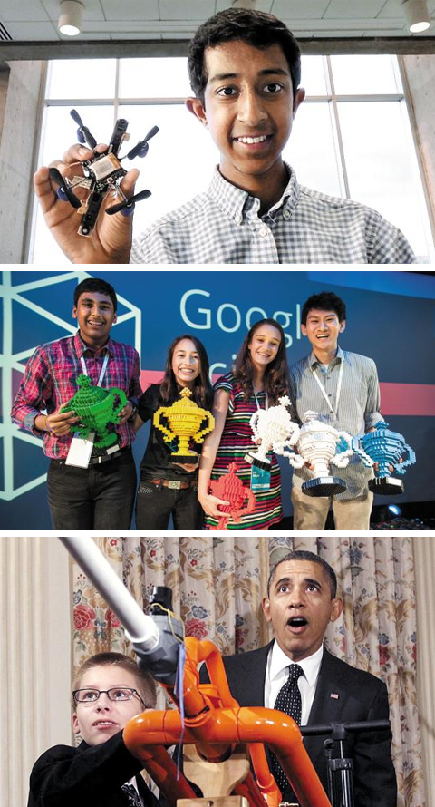 지난해 ‘구글 사이언스 페어’ 결선 진출자인 미국의 미히르 가리멜라(14)군이 초파리를 모방해 만든 드론(무인기)을 들고 있다(위 사진). 대회 최종 우승자들은 장난감 블록인 레고로 만든 트로피를 받았다(가운데). 오른쪽 사진은 2012년 ‘인텔 사이언스 탤런트 대회’ 결선 진출자들이 미국 백악관을 방문해 오바마 대통령에게 자신의 작품을 소개하는 장면(아래 사진).