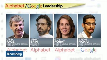  구글 공동창업자(CEO) 래리 페이지와 세르게이 브린 사장, 루스 포랏 최고재무책임자(CFO)는 알파벳의 CEO, 사장, CFO로 고스란히 자리를 옮긴다. 순다르 피차이가 구글 CEO를 맡았다./ 블룸버그 제공