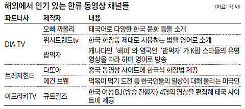 해외에서 인기 있는 한류 동영상 채널들 정리 표