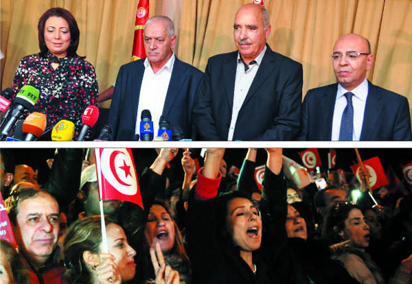 2015년 노벨평화상 수상자로 결정된 튀니지‘국민4자 대화기구’대표들이 9일(현지 시각) 튀니지의 수도 튀니스에서 기자회견을 하고 있다(위). 아래 사진은 지난해 12월 21일(현지 시각) 튀니지 역사상 처음으로 시행된 자유경선 대선에서 민주 후보를 지지하는 국민이 환호하는 모습.