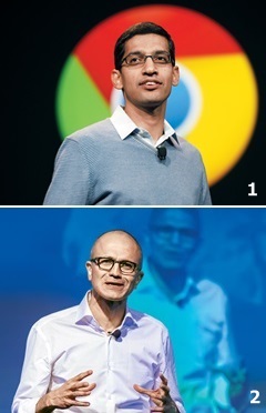 실리콘밸리의 대표적인 인도계 CEO인 구글의 순다 피차이(위쪽)와 마이크로소프트의 사티아 나델라.