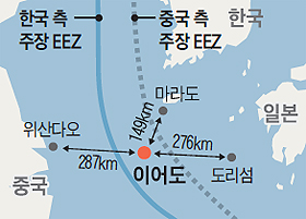 EEZ 관련 한국과 중국 측 주장 정리 지도
