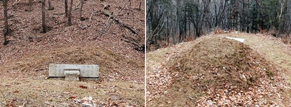 조선 정조 때 ‘태교신기’를 쓴 사주당 이씨 묘의 앞모습과 뒷모습. 경기도 용인에 있다.