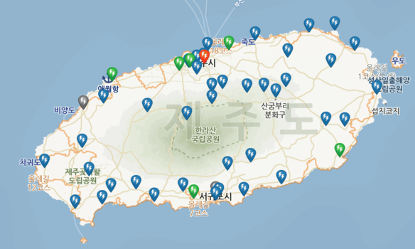 제주도내 전기차 충전소를 표시한 지도 /전기차 충전 인프라 정보시스템 캡처