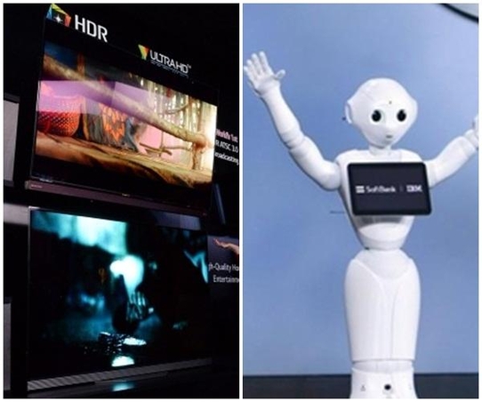 LG전자가 CES 2016에 전시한 OLED TV의 모습(왼쪽), IBM과 소프트뱅크가 공개한 인공지능 로봇 ‘페퍼’(오른쪽) /LG전자, 블룸버그 제공