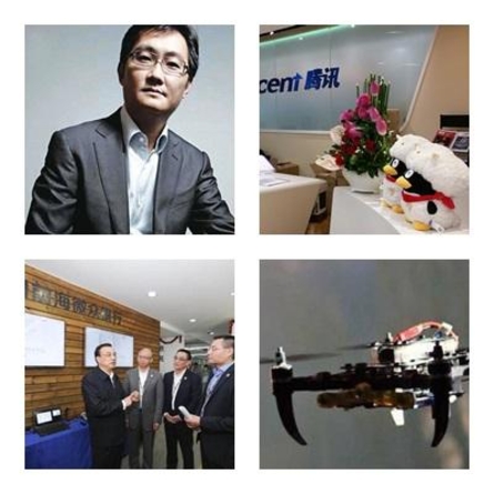 마화텅 텐센트 창업자(윗부분 왼쪽), 오른쪽은 텐센트 베이징 본부, 아래 왼쪽은 리커창 총리의 작년 1월  위챗뱅크 시찰 모습, 오른쪽은 지난 5일 텐센트가 선보인 드론 / 바이두, 중국정부망, 테크인아시아