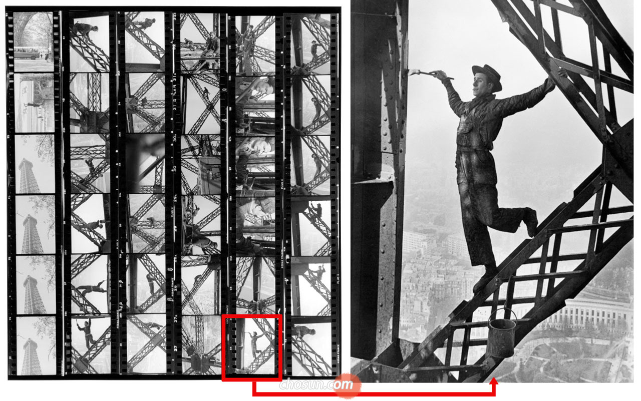 프랑스 사진작가 마크 리부가 프랑스 파리 에펠탑에서 촬영한 ‘에펠탑 페인트공’(1953년)과 밀착인화지