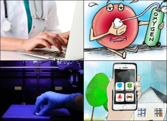 (왼쪽부터 시계 방향) 환자 정보 제공 소프트웨어, 산소전달 시스템, 스마트폰 의무기록 기록장치, 3D 프린팅 알약. /MIT 제공