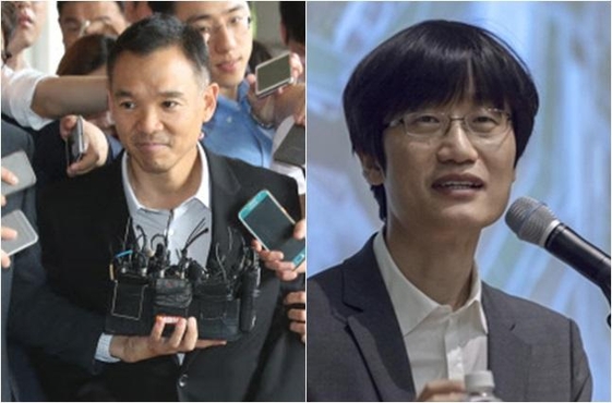 진경준 검사장의 '주식 대박' 의혹 사건에 연루된 넥슨 창업주 김정주 NXC 회장이 13일 오후 조사를 받기 위해 서울 서초구 서울중앙지검에 피의자 신분으로 출석하고 있다.(왼쪽), 네이버 자회사 라인이 일본 도쿄 증권거래소에 데뷔한 15일 네이버를 창업한 이해진 의장이 강원 춘천시에 있는 데이터센터 ‘각(閣)’에서 열린 기자간담회에 참석해 발언하고 있다.(오른쪽) /조선DB, 네이버 제공