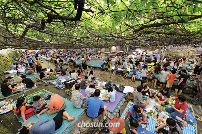 한국선 계곡 찾고 - 24일 충남 공주시 계룡산국립공원을 찾은 피서객들이 계곡에 자리를 잡고 더위를 식히고 있다. 이날 서울과 경기 남부, 강원 영서 일부 지역, 남부 지방 대부분 등 전국 대부분 지역에 폭염특보가 내려졌다. 기상청은 당분간 낮 기온이 33도 안팎을 기록하고, 밤에도 기온이 25도를 웃도는 등 폭염이 이어질 것이라고 예보했다.