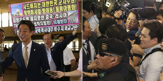 2016년 8월 8일 오전 더불어민주당 김영호 의원이 서울 김포공항을 통해 중국으로 출국하기 전 인터뷰를 하고 있다. (사진 왼쪽) 8월 10일 오후 '사드 배치'와 관련해 중국 방문을 마친 더민주 의원들이 경찰의 호위를 받으며 인천국제공항을 통해 귀국하고 있다.(사진 오른쪽)