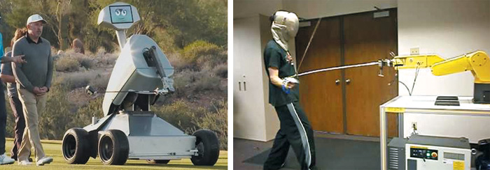 (왼쪽 사진)라운딩 도는 골프 로봇 - 인간과 라운딩을 하고 있는 골프 로봇‘엘드릭’(LDRIC). (오른쪽 사진)펜싱 로봇 - 인간과 검을 주고받는 펜싱 로봇.
