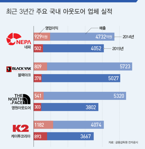  최근 3년간 주요 국내 아웃도어 업체 실적 /그래픽=이진희