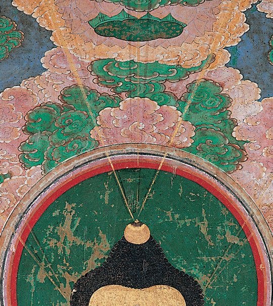 해인사‘영산회상도’의 부처님 머리에서는‘V’자 모양으로 지혜를 상징하는 빛이 뿜어져 나오는 모습이 그려져 있다. 