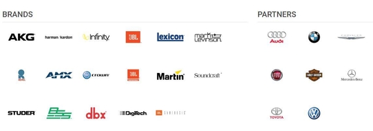  하만이 보유한 브랜드(왼쪽)와 협력파트너사(오른쪽)의 로고 / 하만 홈페이지 캡처
