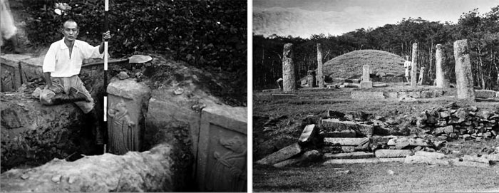 왼쪽 사진은 1928년 노세 우시조가 경주 황복사터 십이지상을 발굴 조사하는 모습. 
