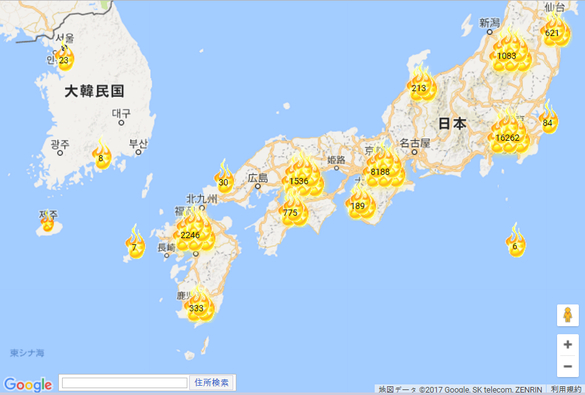 일본 전역과 한국 일부 지역에서 자살이나 살인 사건이 있었던 곳은 불이 활활 타오르는 아이콘이 보인다. 불 위에 적힌 숫자는 해당 지역에서 있었던 사건 사고의 숫자다. /오오시마테루 홈페이지 캡처