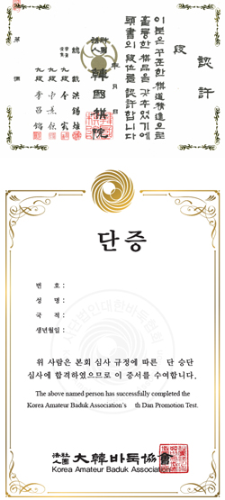한국기원(위)과 대한바둑협회의 단 인증서 양식. 두 단체는 단증을 신호탄으로 각종 분야에서 치열한 주도권 다툼을 펼치기 시작했다.