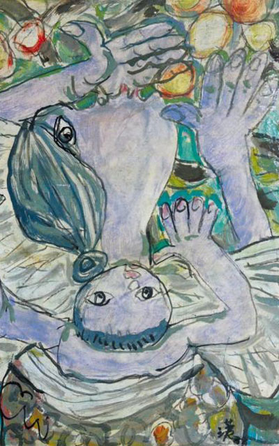 김한의 1988년 작‘모자’. 엄마 등에 업혀 있는 아기의 모습을 유화로 그렸다.