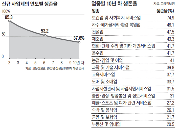 신규 사업체의 연도별 생존율 그래프