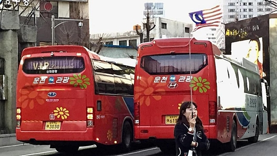 지난 21일 서울 광화문 동화면세점 앞에서 여행 가이드가 말레이시아 단체 관광객들을 인솔하고 있다. /박정엽 기자