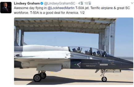 미국 공화당 린지 그레이엄 의원의 트위터. 그는 트위터에 “T-50A는 미국에 좋은 거래가 될 것”이라고 했다./트위터 캡처
