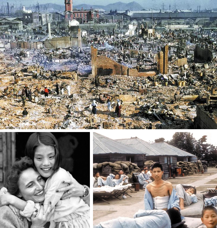 1953³â 11¿ù ¹ß»ýÇÑ ¡®ºÎ»ê ¿ªÀü(æ¾îñ) ´ëÈÀ硯·Î ÆóÇã°¡ µÇ´Ù½ÃÇÇ ÇÑ ºÎ»ê¿ª ÁÖº¯. Æø°ÝÀ» ¸ÂÀº µí óÂüÇÑ ¸ð½ÀÀÌ´Ù(À§ºÎÅÍ ½Ã°è ¹æÇâ). ¡®½º¿þµ§ Àû½ÊÀÚ ¾ßÀüº´¿ø¡¯Àº 6¡¤25ÀüÀï Ãʱâ, ºÎ»êÁø±¸ ºÎÀüµ¿ ¿¾ ºÎ»ê»ó°í ¿îµ¿Àå ÁÖº¯¿¡ °£ÀÌ Ä§»óÀ» ³õ°í ¹Ð·Áµå´Â ȯÀÚµéÀ» Ä¡·áÇß´Ù. ÇÑ Çѱ¹ÀÎ ¼Ò³à°¡ ½º¿þµ§ ÀÇ·áÁøÀ¸·Î ÃßÁ¤µÇ´Â ¿©¼º¿¡°Ô °¨»çÇÑ ¸¶À½À» ÀüÇÏ·Á´Â µí Æ÷¿ËÀ» Çϰí ÀÖ´Ù.