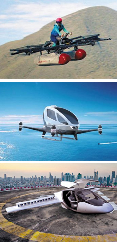 미국 스타트업 키티호크가 개발한 하늘을 나는 자동차(위)의 시연 모습. 두바이 도로교통국이 중국 드론 제조업체 이항과 개발하고 있는 드론 택시(가운데)와 에어버스가 개발 중인 비행 자동차(아래). 