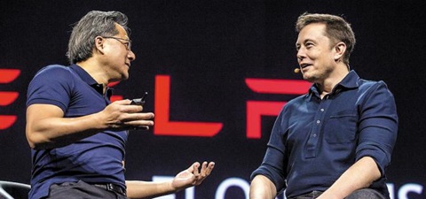 젠슨 황(왼쪽) 엔비디아 CEO와 일론 머스크(오른쪽) 테슬라모터스 CEO는 2015년 3월 열린 엔비디아의 GPU 테크놀로지 콘퍼런스에서 “테슬라의 전기차에 엔비디아의 GPU 기반 자율주행차 플랫폼이 들어간다”고 발표했다.