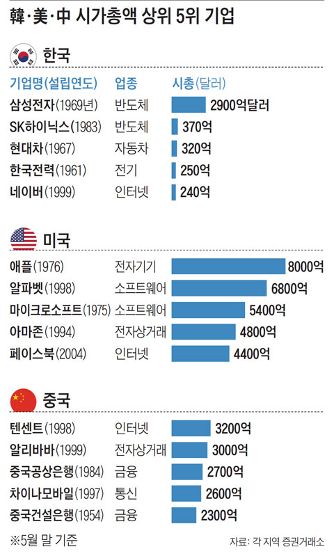 한국 미국 중국 시가총액 상위 5위 기업 그래픽