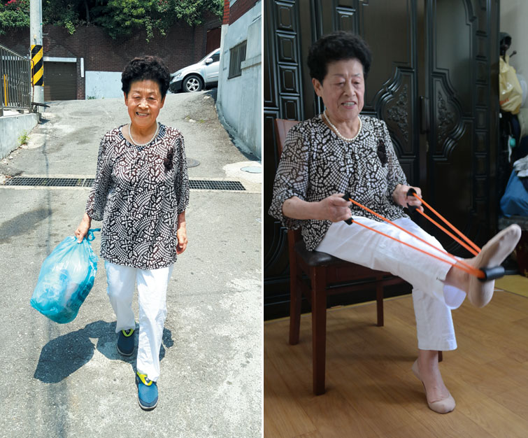 무릎인공관절 수술 후 다리 건강을 회복한 오세분씨가 간식을 