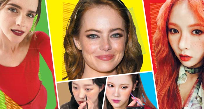 왼쪽부터 시계 방향으로 배우 에마 왓슨, 에마 스톤, 가수 현아, 유튜버 레나, 소윤. 주근깨를 자연스럽게 드러내거나 일부러 얼굴에 주근깨를 그려 넣은 모습이다.
