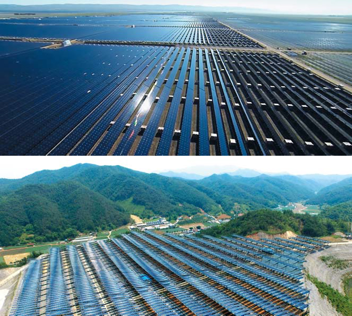 미국 캘리포니아에 들어선 세계에서 일곱 번째로 큰 태양광 발전소인 ‘토파즈 솔라 팜’의 모습(사진 위). 축구장 4600개 크기의 이 태양광 발전소는 900만장의 태양광 패널로 연간 미국의 16만가구가 쓸 수 있는 전기를 생산한다. 아래 사진은 강원도 영월군 남면에 들어선 국내 최대 태양광 발전소인 ‘영월태양광발전소’의 모습. 이곳은 국내 최대지만 미국 토파즈 솔라 팜의 면적의 4%에 불과하고, 연간 전기 생산량도 미국의 4.5%에 불과하다. 