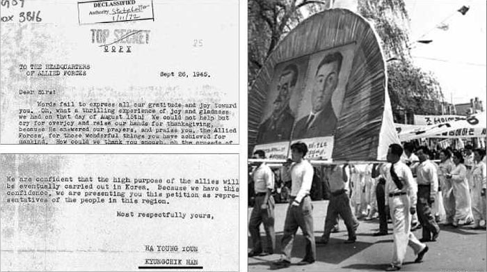 한경직 목사가 윤하영 목사와 함께 1945년 9월 26일 미군정에 제출한 비밀청원서(왼쪽). 북한에 소련군이 진주한 뒤 스탈린과 김일성의 대형 사진을 들고 행진하는 평양 주민들(오른쪽).