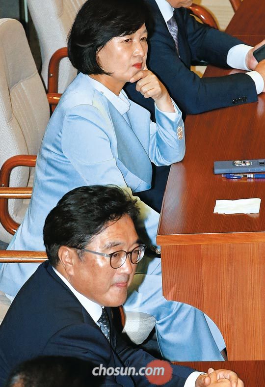 더불어민주당 추미애(위쪽) 대표와 우원식 원내대표가 11일 서울 여의도 국회 본회의장에서 김이수 헌법재판소장 임명 동의안에 대한 표결이 부결되자 굳은 표정을 짓고 있다.