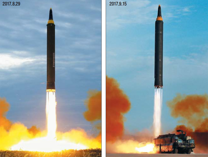北, 17일만에 진전된 발사기술 선보여 - 북한의 중거리미사일 화성-12형이 지난 15일 평양 순안공항의 이동식발사차량(TEL)에서 발사되고 있다(오른쪽 ). 지난 8월 29일 화성-12형 발사 당시 북한은 기립시킨 미사일을 TEL에서 분리해 지상 거치대에 고정한 뒤 발사했었다(왼쪽). 